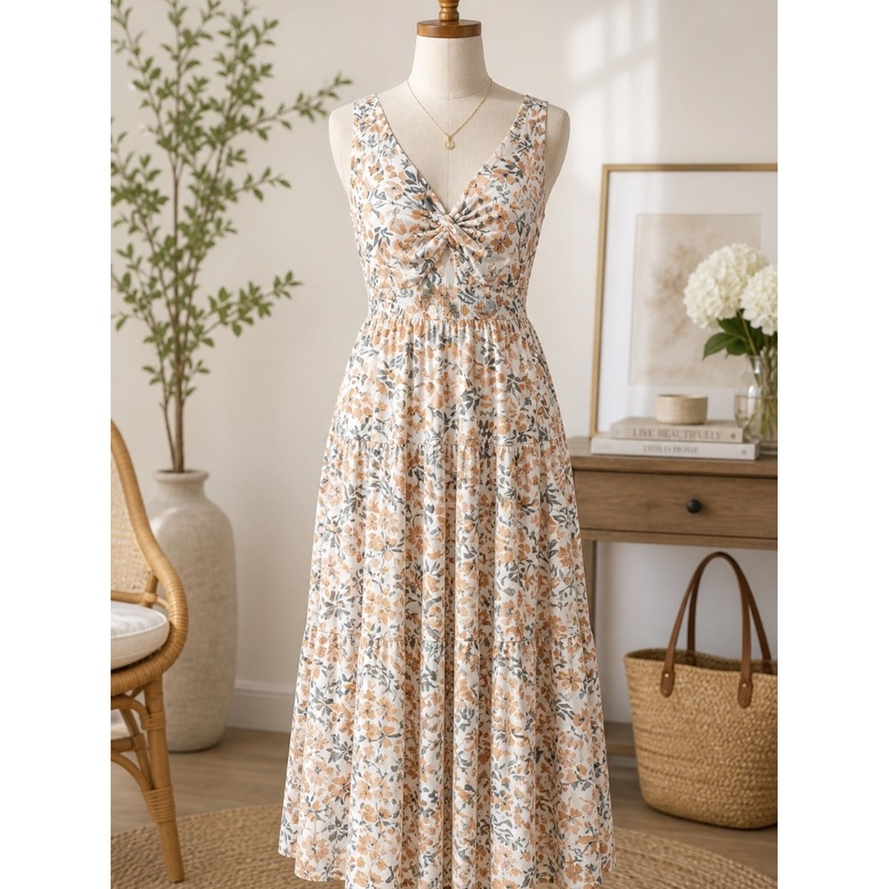 Joie NWT Floral Midi‎ Dress 8 Smocked Waist A Line Pockets Resort Vacation Boho